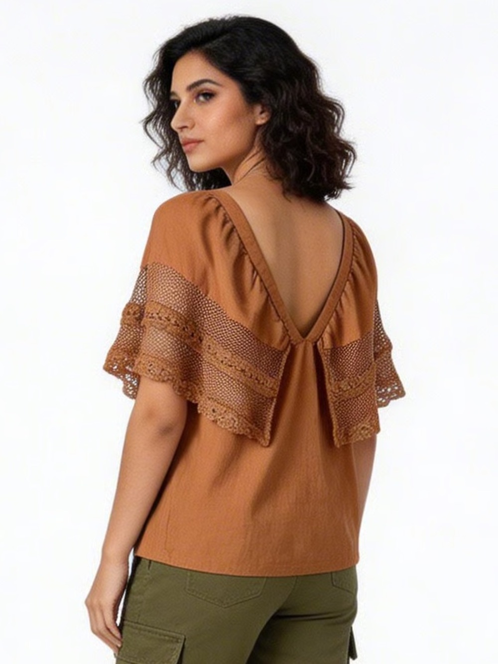 OLD NAVY | Caramel Brown Lace Flutter Sleeve Blouse Sz M